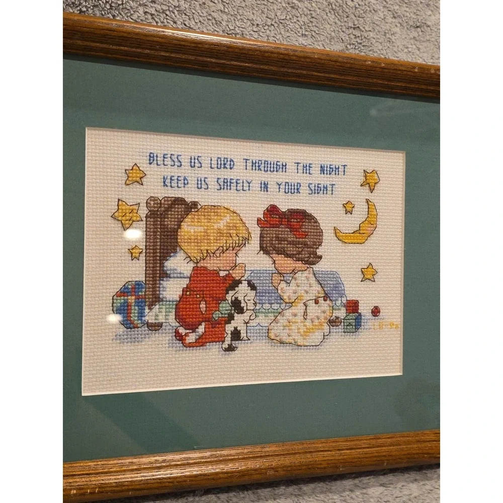 Vintage Cross Stitch In Wooden Frame Boy And Girl Bedtime Prayer Nursery Play